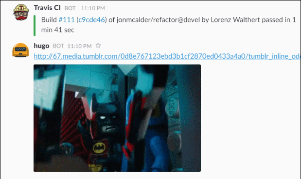 Another example of Hugo responding to a successful build notification from Travis within the Slack app Build Passed - batman